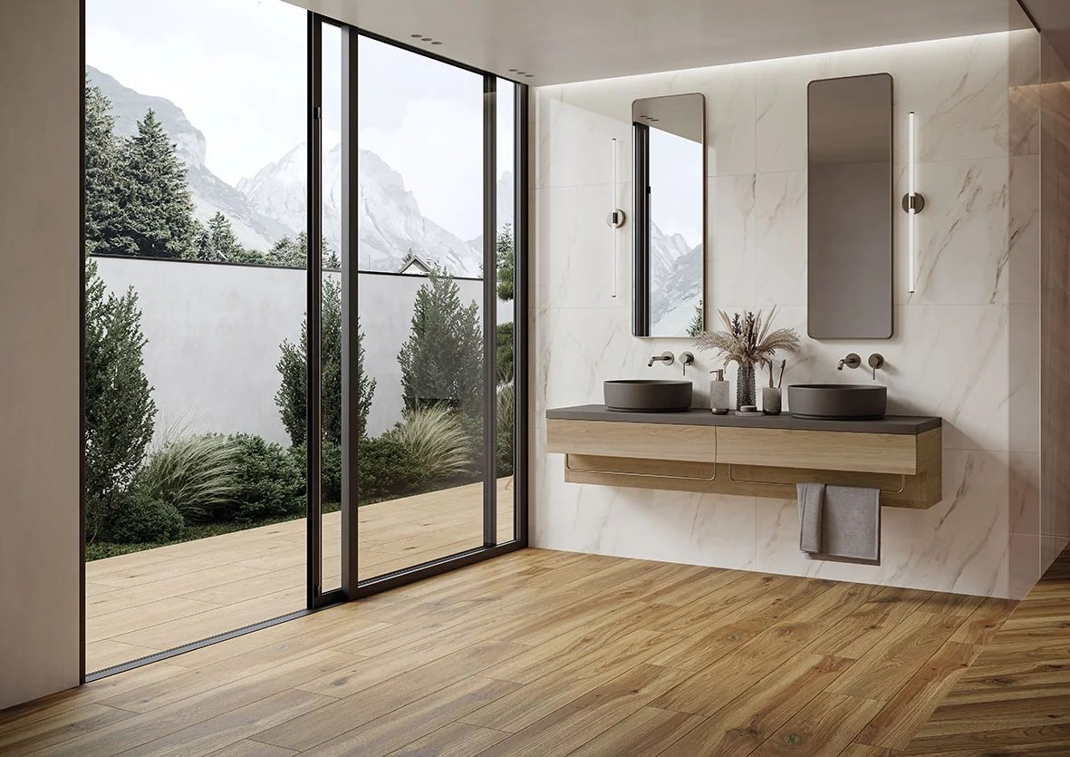 #Koupelna #Obytné prostory #dřevo #Moderní styl #hnědá #Extra velký formát #Matná dlažba #1000 - 1500 Kč/m2